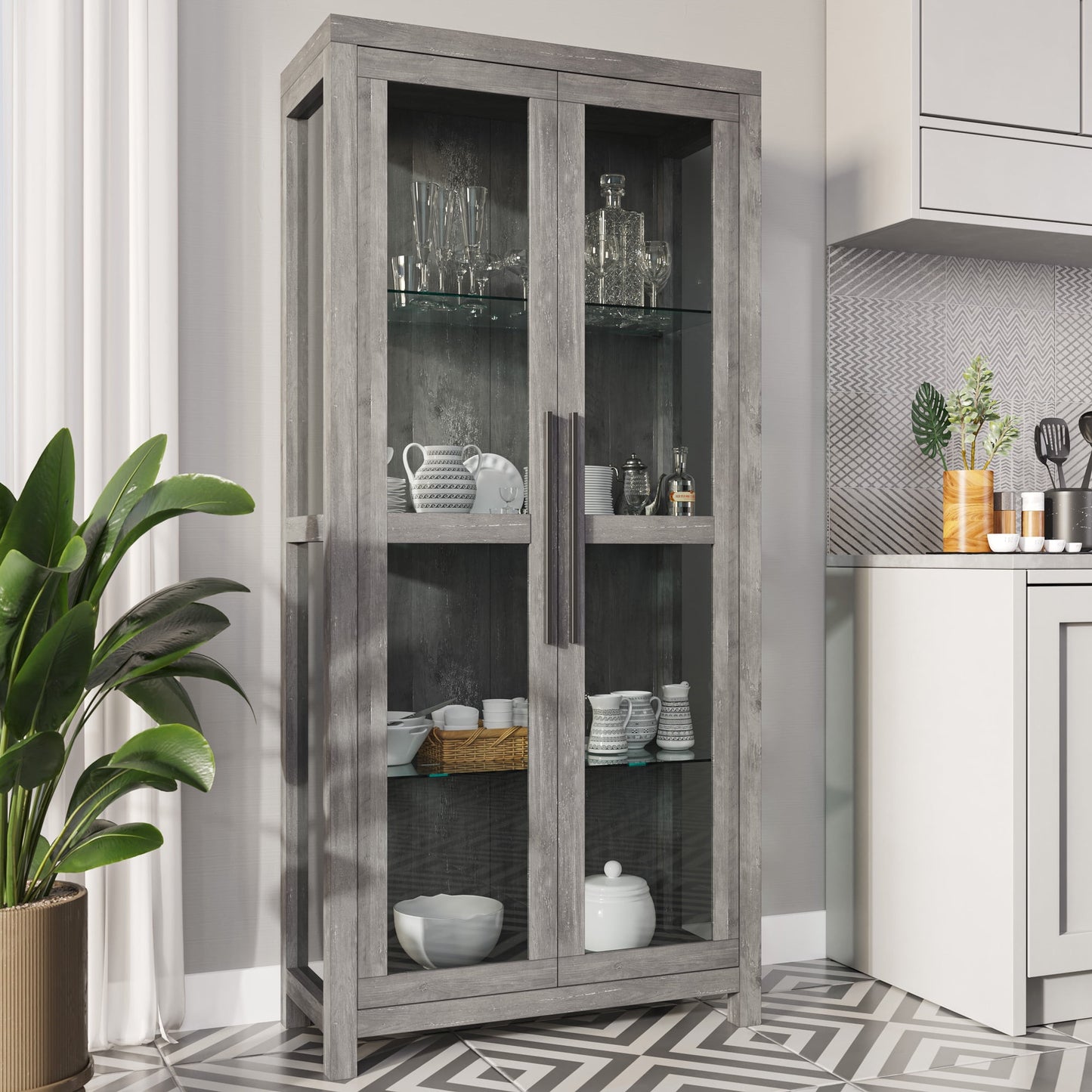 BELLEZE Modern Wooden Curio Cabinet with Adjustable Shelves (Gray Wash)