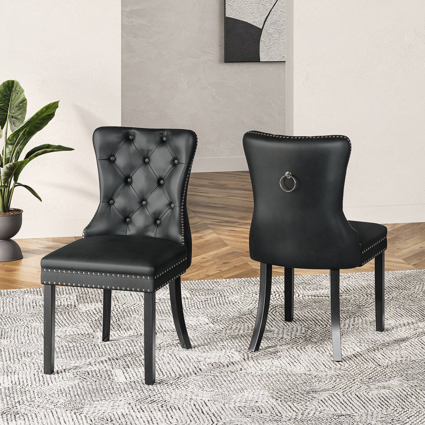 BELLEZE Upholstered Dining Chairs Set of 2, Faux Leather Luxury Dining Room Chairs with Button Back, Nailhead Trim, Pull-ring, Solid Wood Legs for Kitchen, Living Room, Restaurant - Chandler (Black)
