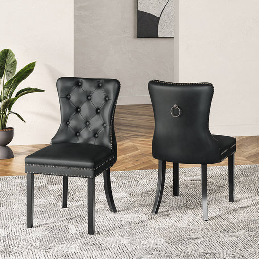 BELLEZE Upholstered Dining Chairs Set of 2, Faux Leather Luxury Dining Room Chairs with Button Back, Nailhead Trim, Pull-ring, Solid Wood Legs for Kitchen, Living Room, Restaurant - Chandler (Black)