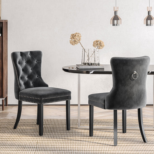 BELLEZE Upholstered Dining Chairs Set of 2, Velvet Luxury Dining Room Chairs with Button Back, Nailhead Trim, Pull-ring, Solid Wood Legs for Kitchen, Living Room, Restaurant - Chandler (Grey)