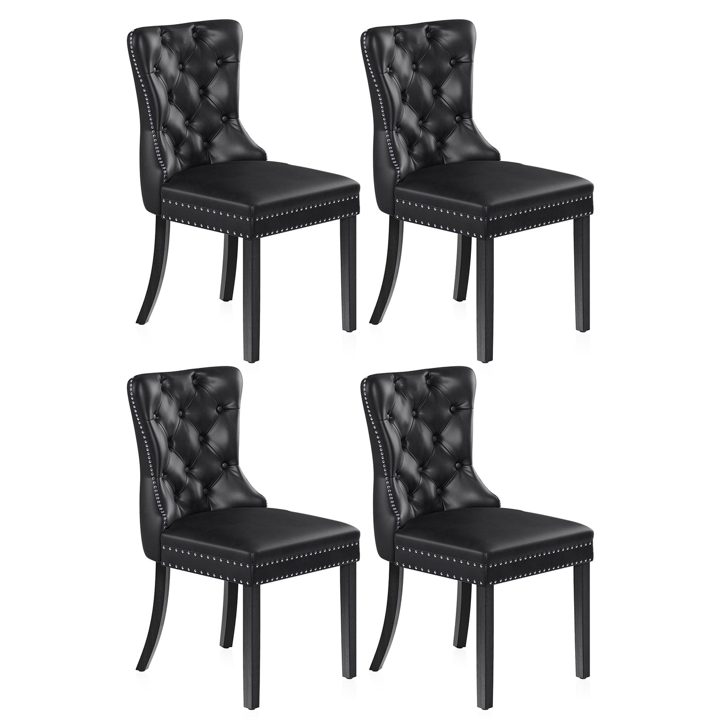 BELLEZE Upholstered Dining Chairs Set of 4, Faux Leather Luxury Dining Room Chairs with Button Back, Nailhead Trim, Pull-ring, Solid Wood Legs for Kitchen, Living Room, Restaurant - Chandler (Black)