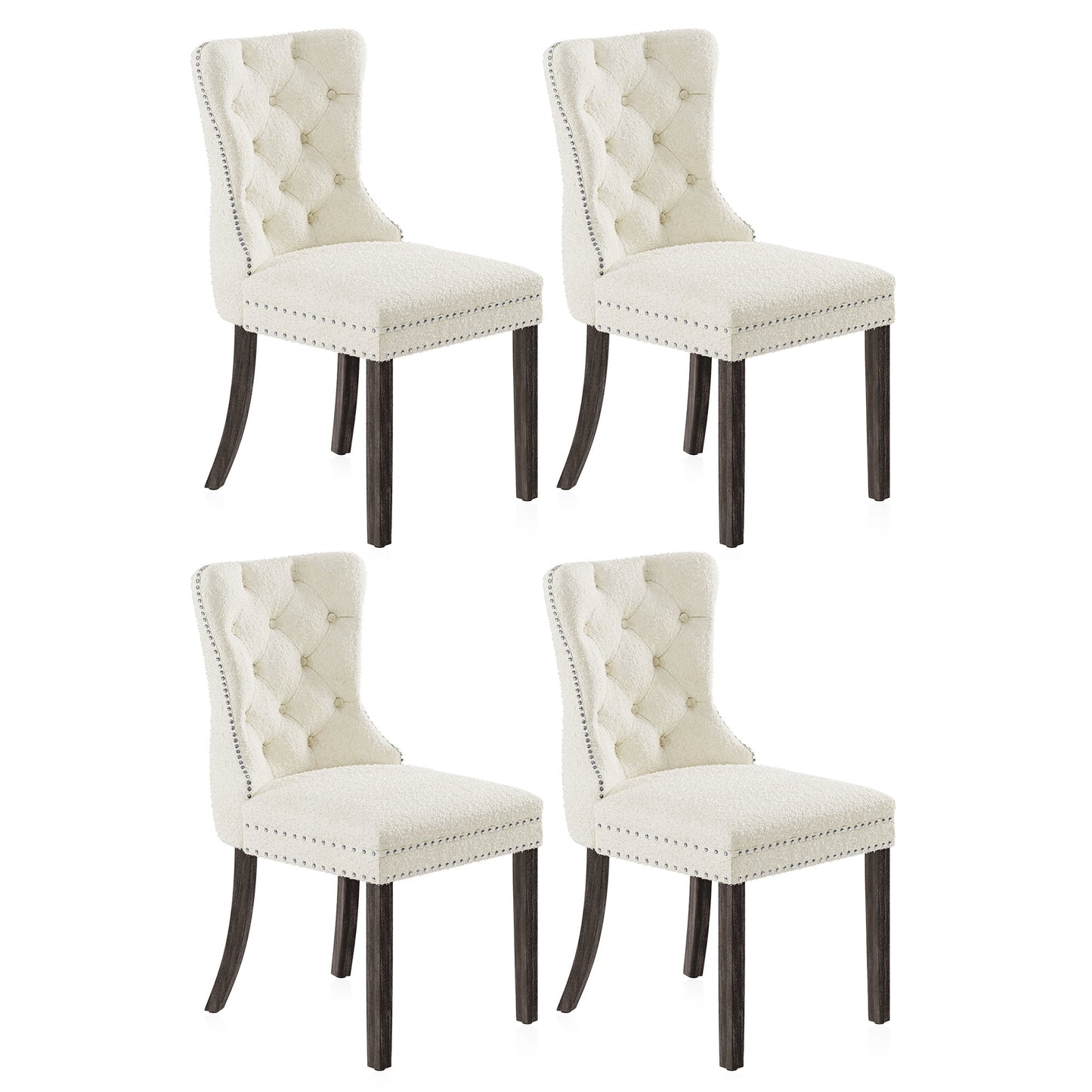 BELLEZE Upholstered Dining Chairs Set of 4, Teddy Fleece Luxury Dining Room Chairs with Button Back, Nailhead Trim, Pull-ring, Solid Wood Legs for Kitchen, Living Room, Restaurant - Chandler (White)