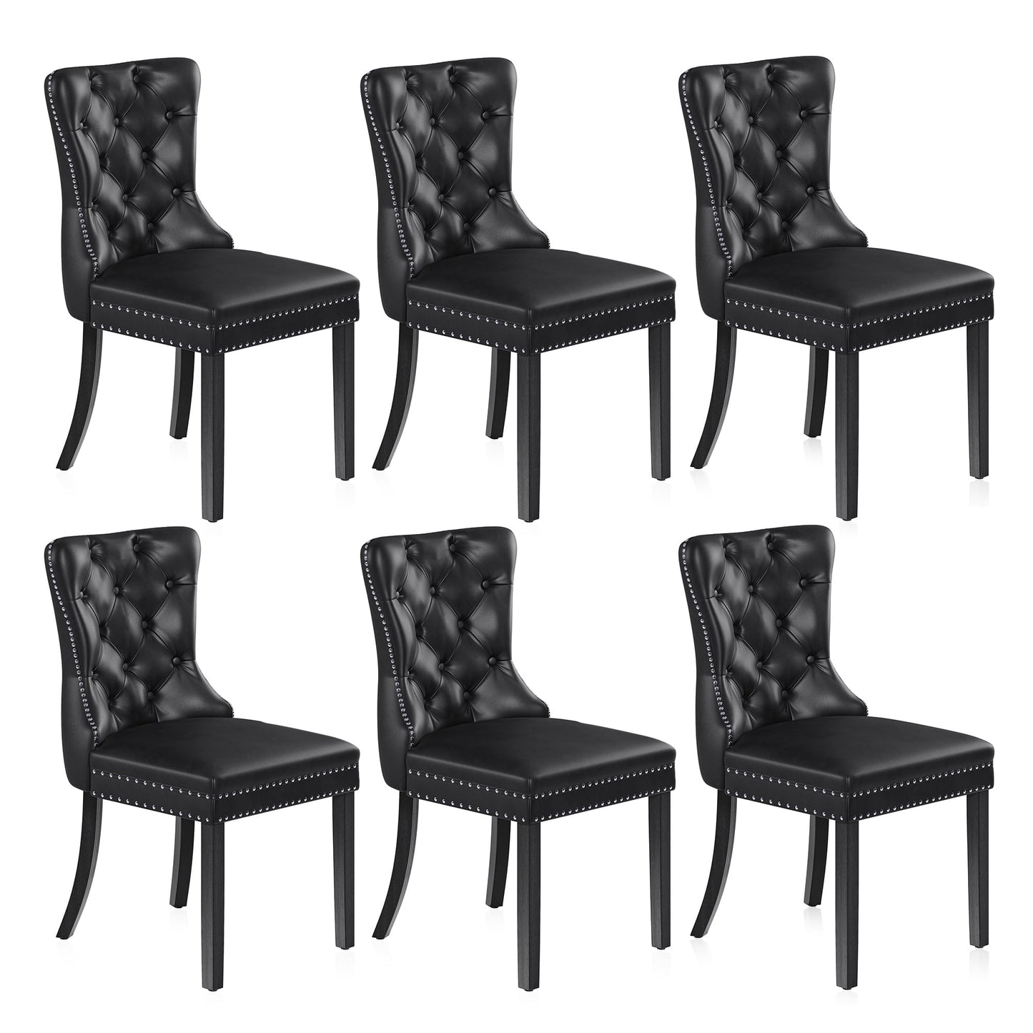 BELLEZE Upholstered Dining Chairs Set of 6, Faux Leather Luxury Dining Room Chairs with Button Back, Nailhead Trim, Pull-ring, Solid Wood Legs for Kitchen, Living Room, Restaurant - Chandler (Black)