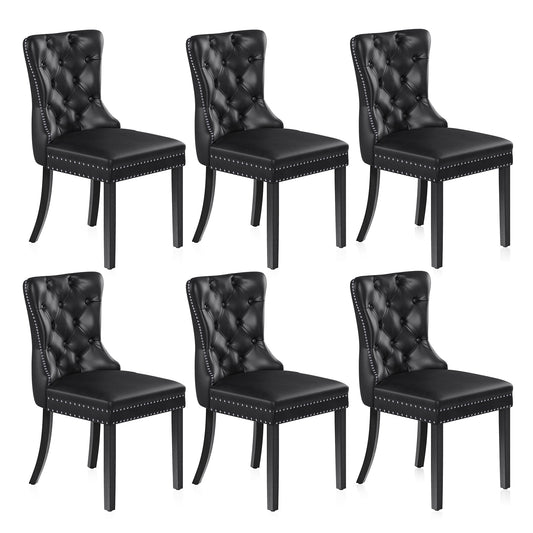 BELLEZE Upholstered Dining Chairs Set of 6, Faux Leather Luxury Dining Room Chairs with Button Back, Nailhead Trim, Pull-ring, Solid Wood Legs for Kitchen, Living Room, Restaurant - Chandler (Black)