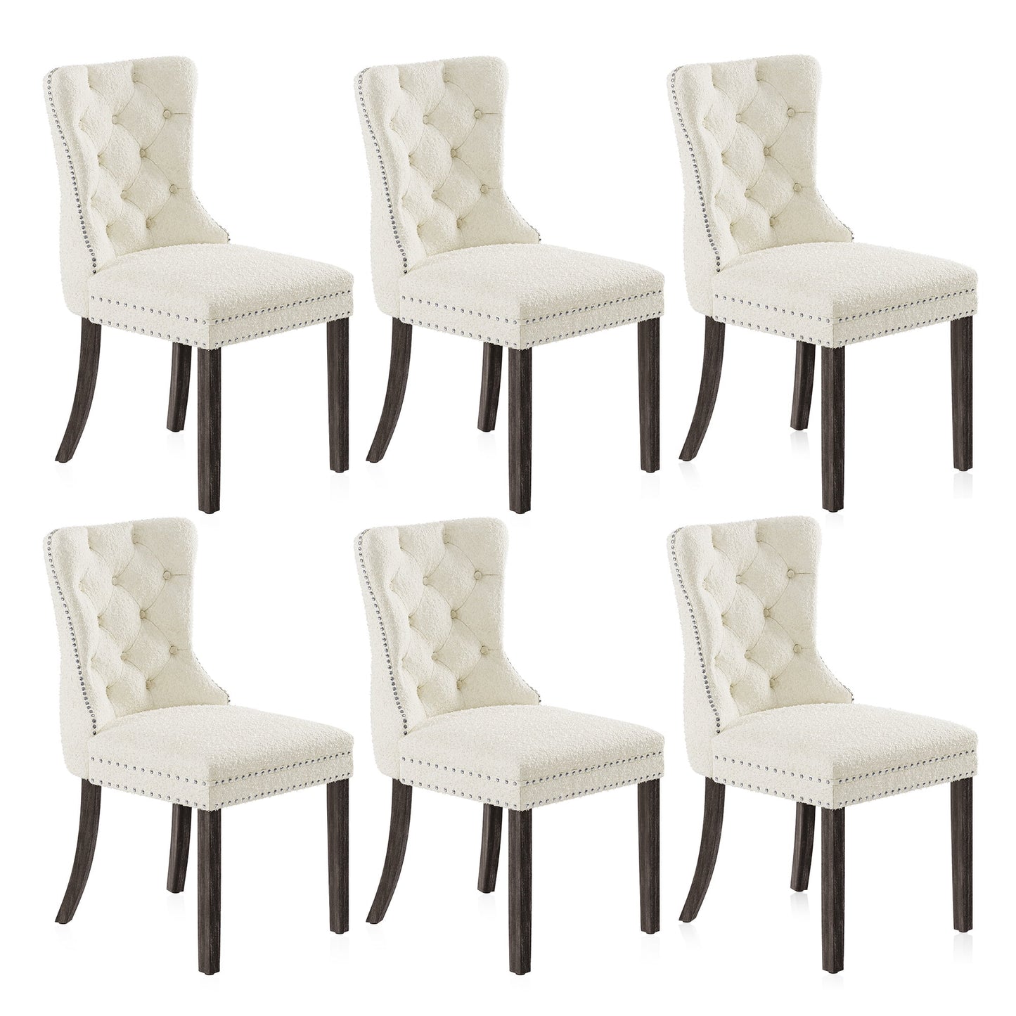 BELLEZE Upholstered Dining Chairs Set of 6, Teddy Fleece Luxury Dining Room Chairs with Button Back, Nailhead Trim, Pull-ring, Solid Wood Legs for Kitchen, Living Room, Restaurant - Chandler (White)