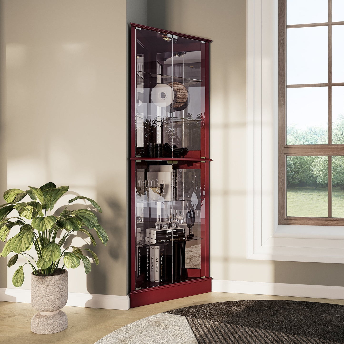 BELLEZE Corner Display Storage Cabinet with Light, Wood, Glass Door & 6 Shelves, Cherry