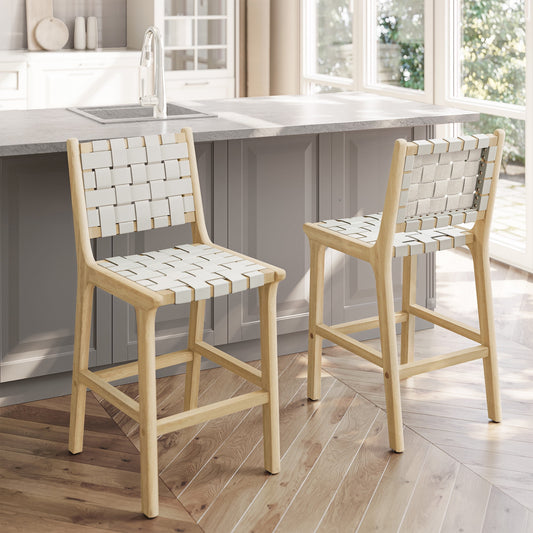 BELLEZE Woven Counter Stools 24 inch Set of 2, Boho Bar Stools with Back Faux Leather Kitchen Stools Island Chairs with Solid Wood Frame for Dining Room Home Kitchen - Morgan (White)
