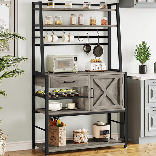 Farmhouse Baker's Rack, Storage Drawer, Wine Cupboard and Coffee Bar Cabinet, Rustic Gray