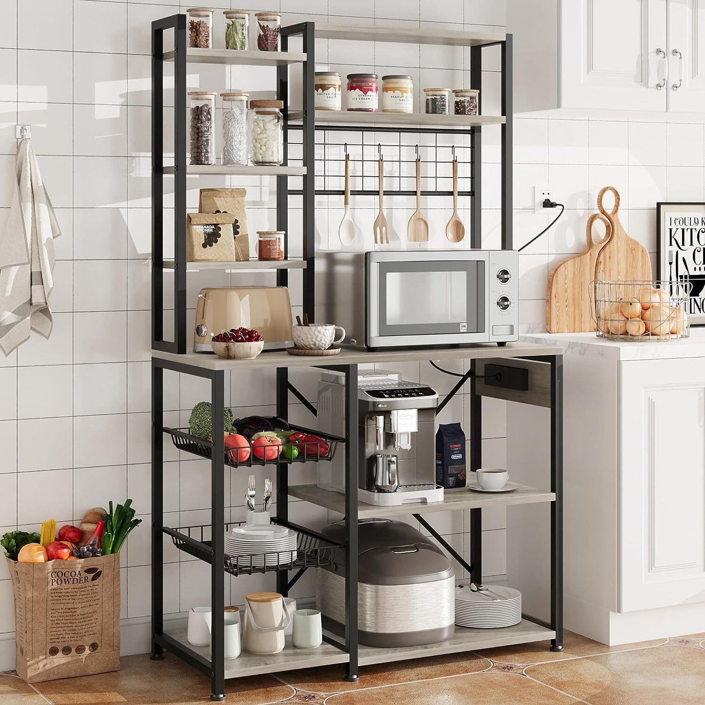 Towallmark Bakers Rack with 3 Power Outlets, 35.4 Inch for Microwave Stand Kitchens with Storage, Kitchen Rack, Kitchen Stand, Coffee Stand Bar, Grey