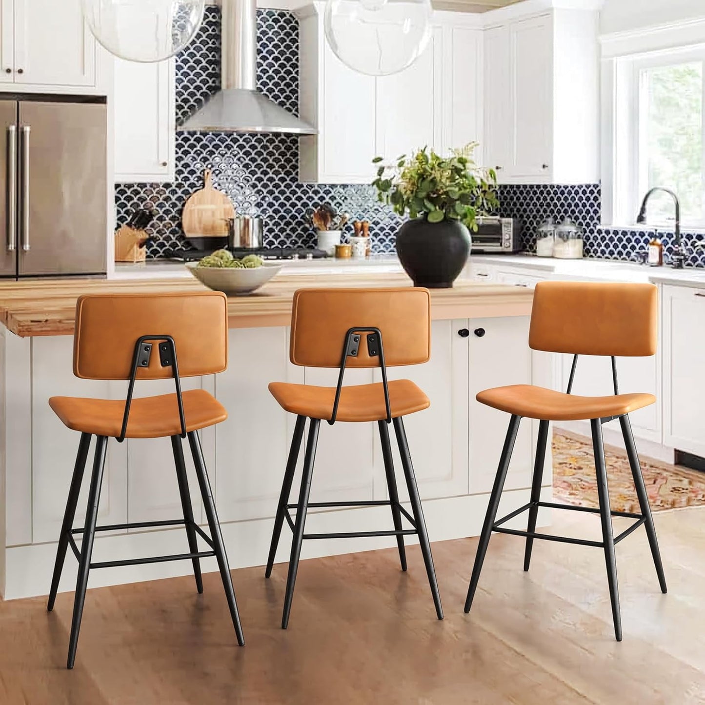 Dycanpo 24.5in Counter Height Bar Stools Set of 3, Faux Leather Upholstered Barstools, Brown