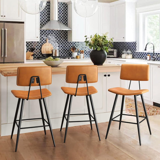 Dycanpo 24.5in Counter Height Bar Stools Set of 3, Faux Leather Upholstered Barstools, Brown