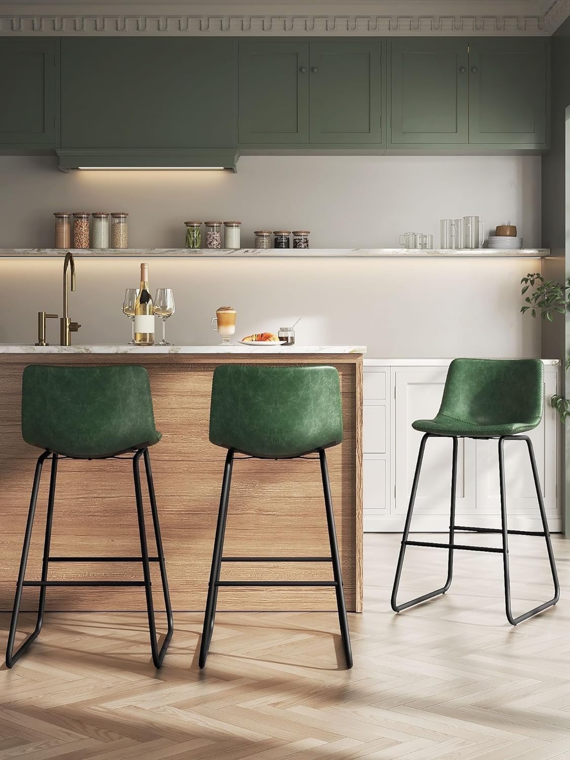 YaFiti Bar Stools 26in Faux Leather Counter Height Barstools with Back Set of 3, Modern Counter Stools with Metal Legs and Footrest, Armless Chairs with Back for Kitchen Living Room Pub, Green