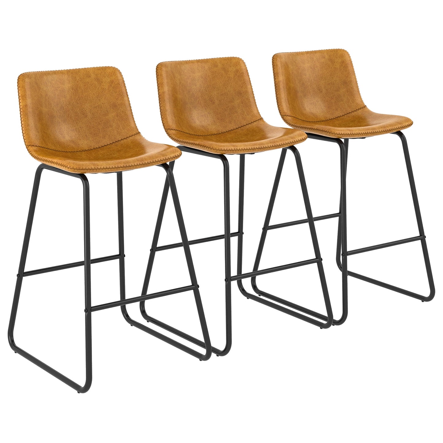 YaFiti Bar Stools 26in Faux Leather Counter Height Barstools with Back Set of 3, Modern Counter Stools with Metal Legs and Footrest, Armless Chairs with Back for Kitchen Living Room Pub, Whiskey Brown