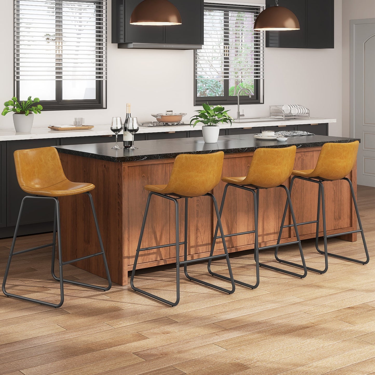 YaFiti Bar Stools 26in Faux Leather Counter Height Barstools with Back Set of 6, Modern Counter Stools with Metal Legs and Footrest, Armless Chairs with Back for Kitchen Living Room Pub, Whiskey Brown