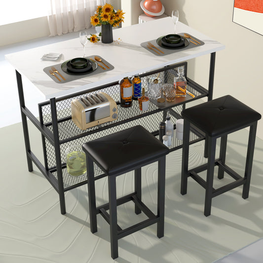 Kitchen Island With Seating, Faux Marble Counter Height Dining Set for 2, 3 Piece Dining Pub Set with Storage, Small Bar Dining Table Sets for Breakfast Nook with Upholstered Chairs, Brown