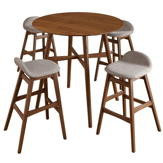 Bellamy Studios Remmie 5-Piece Indoor Dining Pub Set, Includes Round Table and Stools, Walnut/Gray Linen