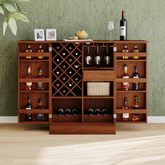 Bellemave 41.9in H Modern Industrial Bar Cabinet with Storage Rack and Drawer Accent Storage Cabinet Wine Cabinet with Rattan Door and Folding Bar Table Wooden Floor Cabinet, Walnut