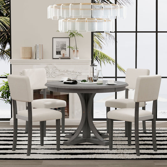 Bellemave 5-Piece Round Dining Table Set, Kitchen Dining Table with Curved Trestle Style Legs and 4 Upholstered Chairs for 4, Dining Set for Family Meals(Dark Gray)