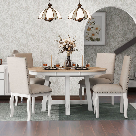 Bellemave 5-Piece Round Dining Table Set, Wood Farmhouse Extendable Dining Table and 4 Upholstered Dining Chairs, Kitchen Dining Table Set for 4 ¡°¨GAntique White¡°?