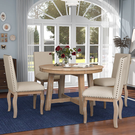 Bellemave 5-Piece Round Dining Table Set, Wood Farmhouse Extendable Dining Table and 4 Upholstered Dining Chairs, Kitchen Dining Table Set for 4 ¡°¨GNatural¡°?