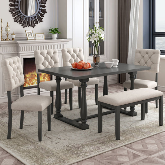 Bellemave 6-Piece Dining Table Chair Set, Kitchen Dining Table Set with Wooden Rectangle Table & 4 Upholstered Chairs & an Upholstered Bench, Gray