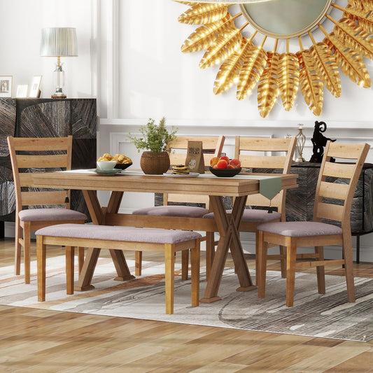 Bellemave 6 Piece Kitchen Dining Table Set, Wooden Rectangular Kitchen Table with Upholstered Bench and 4 Upholstered Chairs, Farmhouse Dining Room Set for 6 People ¡°¨GNatural¡°?