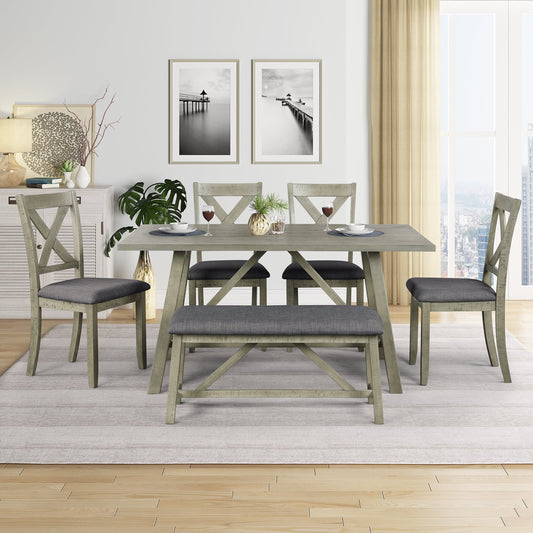 Bellemave Dining Table Set for 6, Include 1 Rectangular Kitchen Table and 4 Dining Chairs with Cushions and 1 Bench with Cushion, Wooden Modern Kitchen Dining Room Set (Gray)