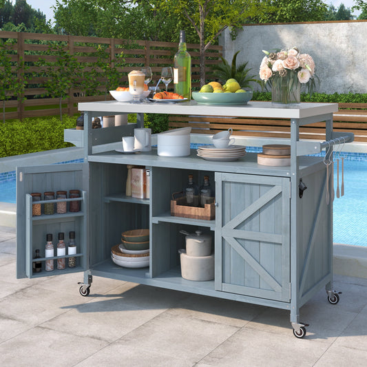Bellemave Outdoor Serving Cart Kitchen Island Solid Wood Mobile Rolling Bar Cart with Lockable Wheels, Rack and Stainless Steel Top Beverage Storage Counter Table with Cabinet for Patio, Gray Blue