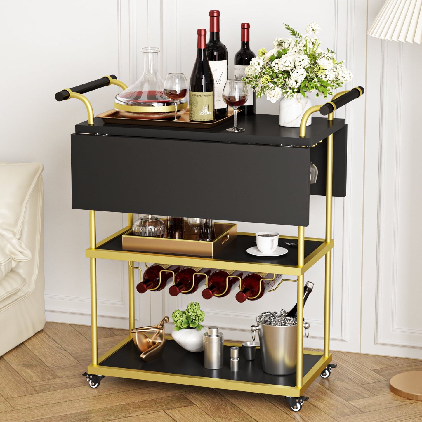 Veanerwood 3 Tier Home Bar Serving Cart on Wheels with Storage and Extendable Countertop, Black