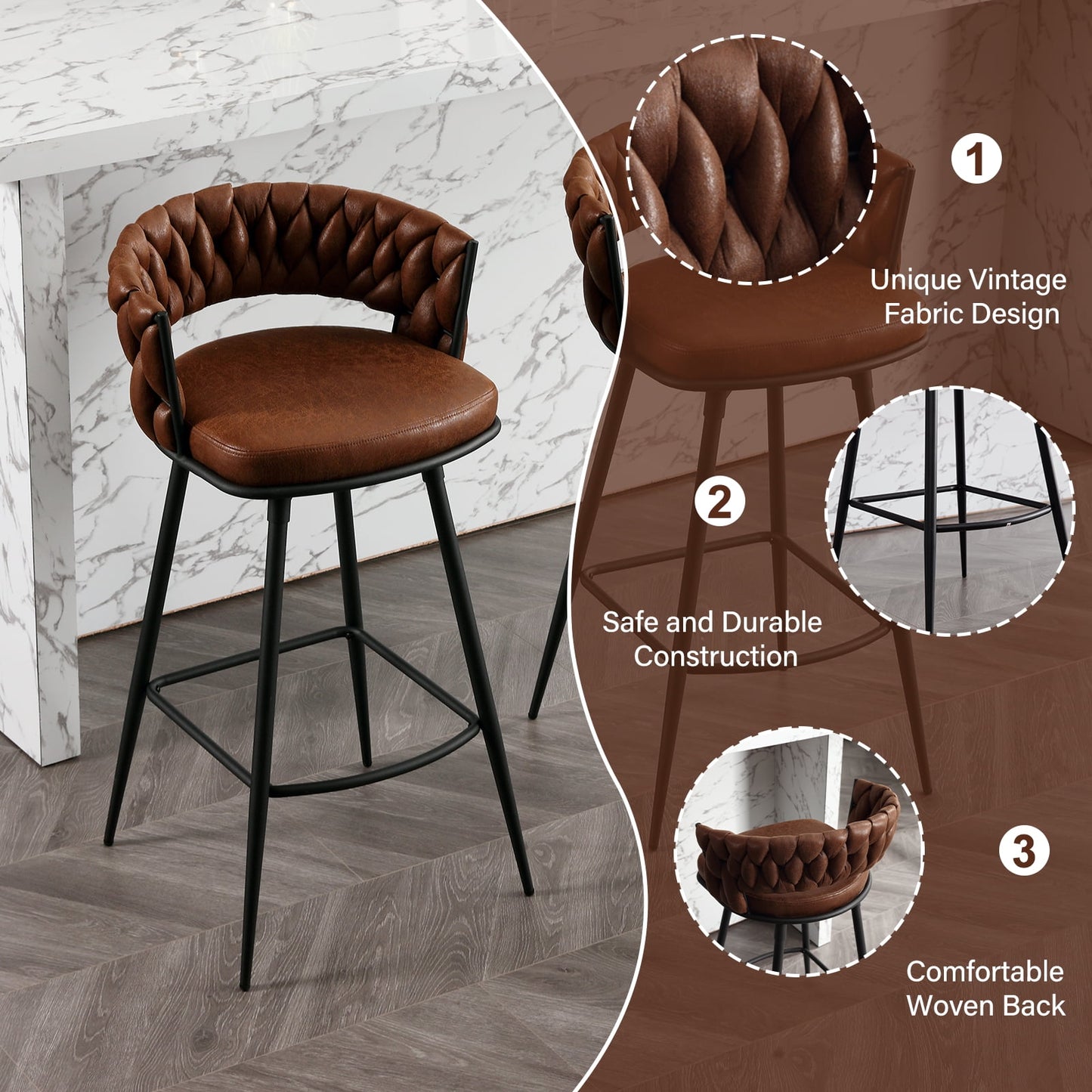 26in Bar Stool Set of 2, Modern Counter Height Barstools with Woven Back and Footrest, 180?? Swivel Suede Fabric Stool Chairs for Kitchen Island, Cafe, Pub, Brown