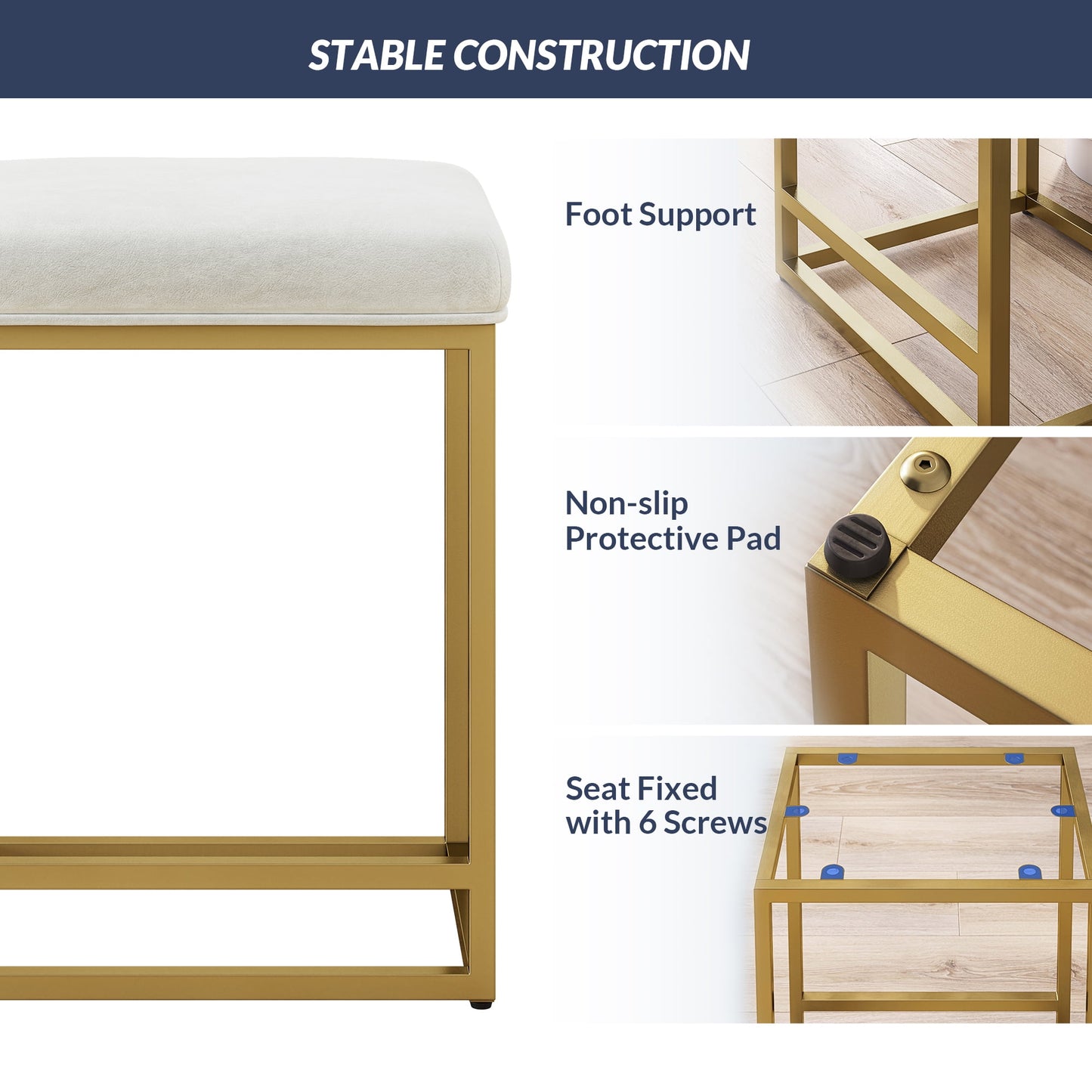 BELLEZE 24in Backless Bar Stools Set of 4, Counter Height Barstools, Modern Upholstered PU Leather Counter Stools with Metal Base Kitchen Island Chairs Dining Chair, White & Gold