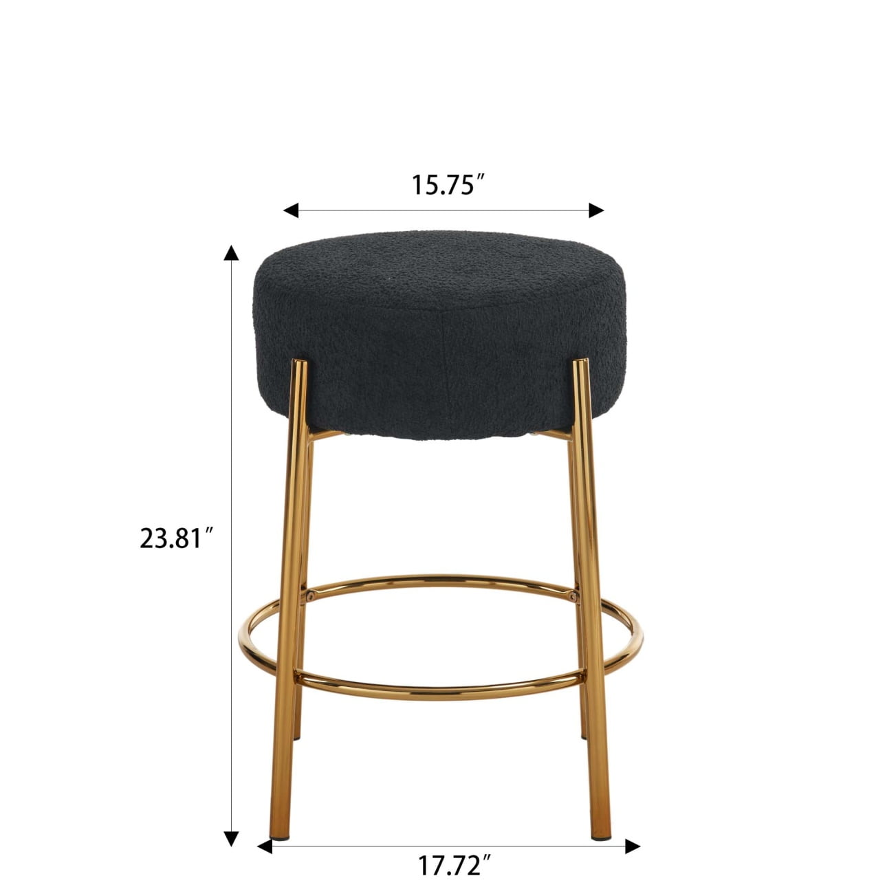 24in Round Bar Stools Set of 2,Counter Height Stools with Teddy Fabric Upholstered,Backless Kitchen Island Stools,Backless Dining Seat with Metal Base, Black&Golden