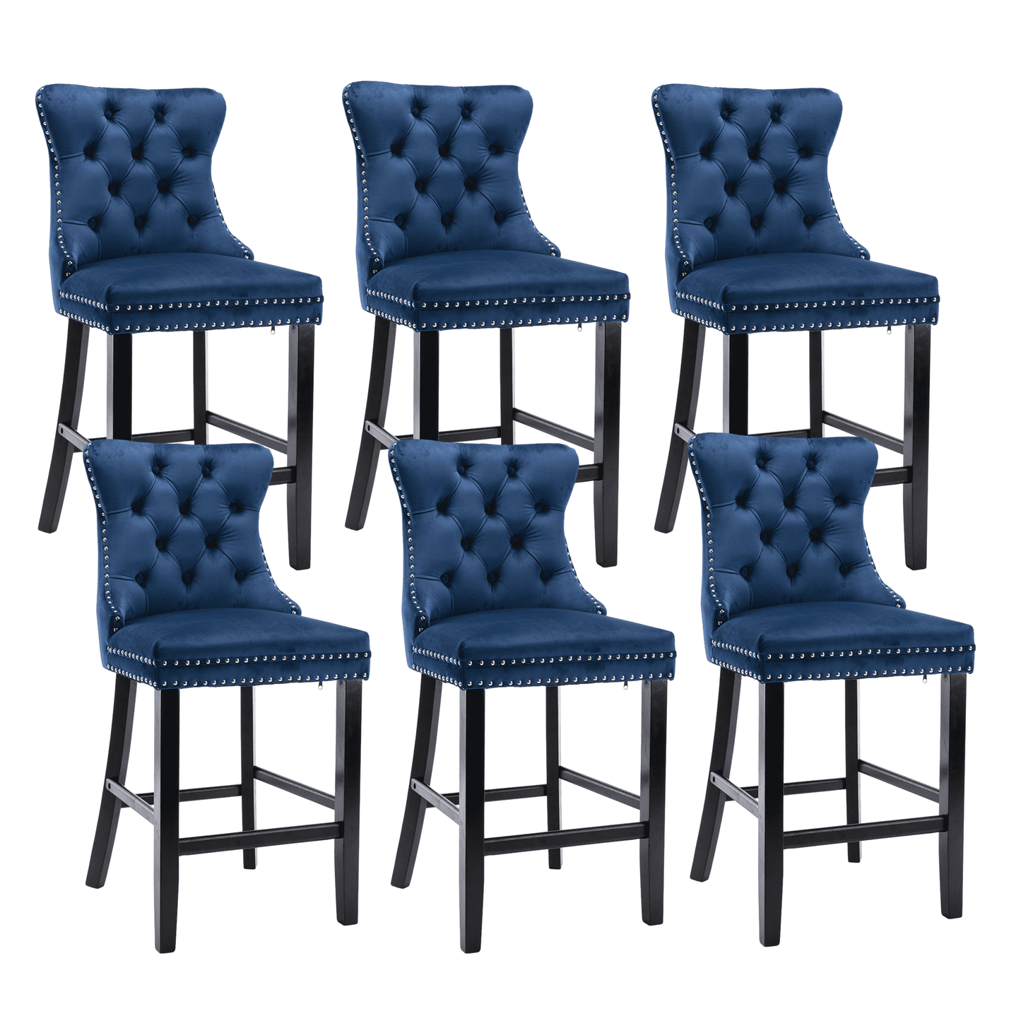 27in Contemporary Padded Bar Stools, Tufted Velvet Upholstered Barstools with Button Tufted Decoration, Chrome Nailhead Trim, Footrest and Solid Wood Legs (Blue,Set of 6)