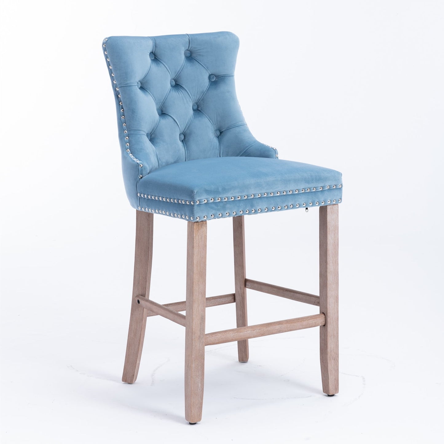 27in Contemporary Padded Bar Stools, Tufted Velvet Upholstered Barstools with Button Tufted Decoration, Chrome Nailhead Trim, Footrest and Solid Wood Legs (Light Blue,Set of 4)