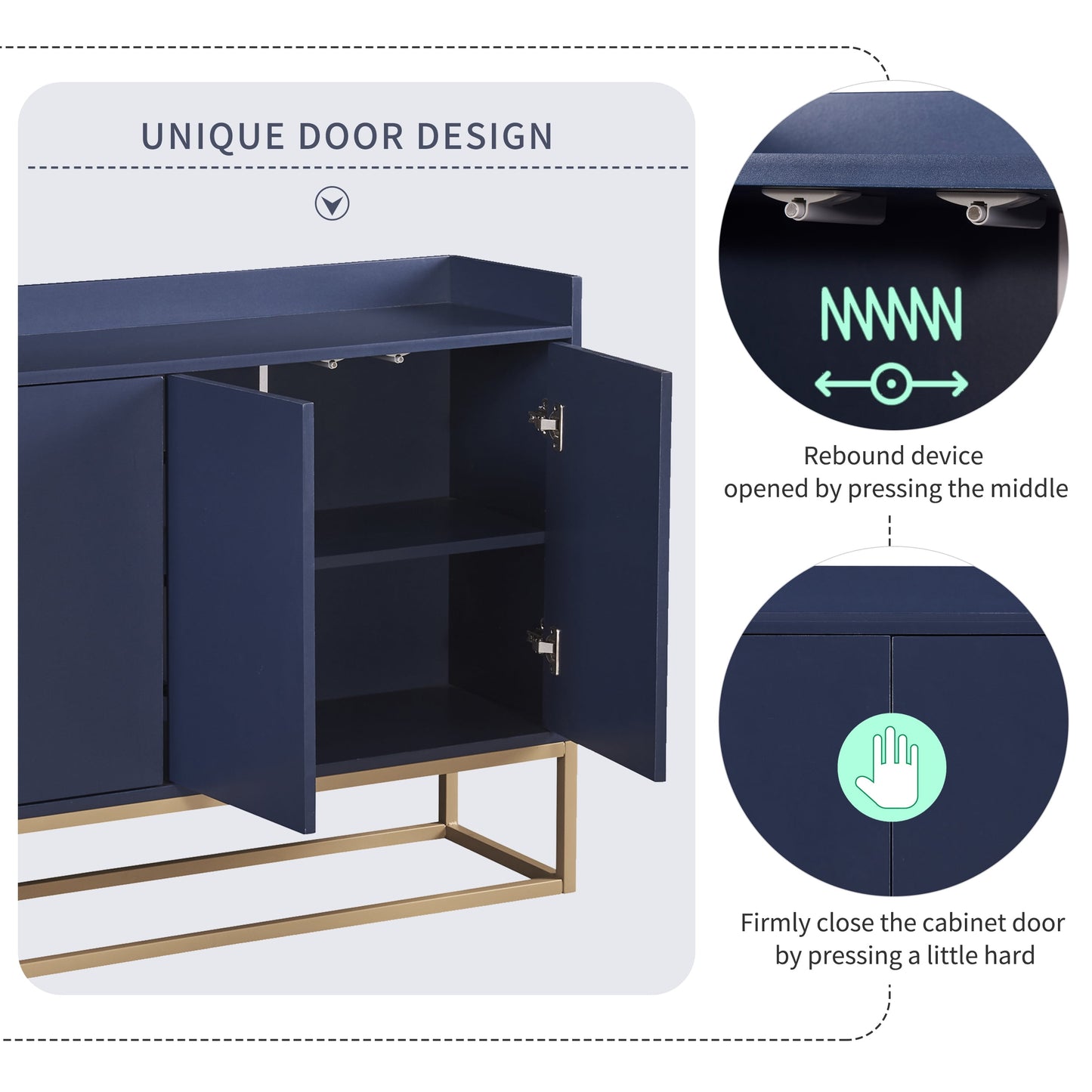 TRIPLE TREE, 47in Modern Storage Cabinet, Console Table with 4 Doors & Gold Metal Base,Entryway Cupboard Furniture, Navy