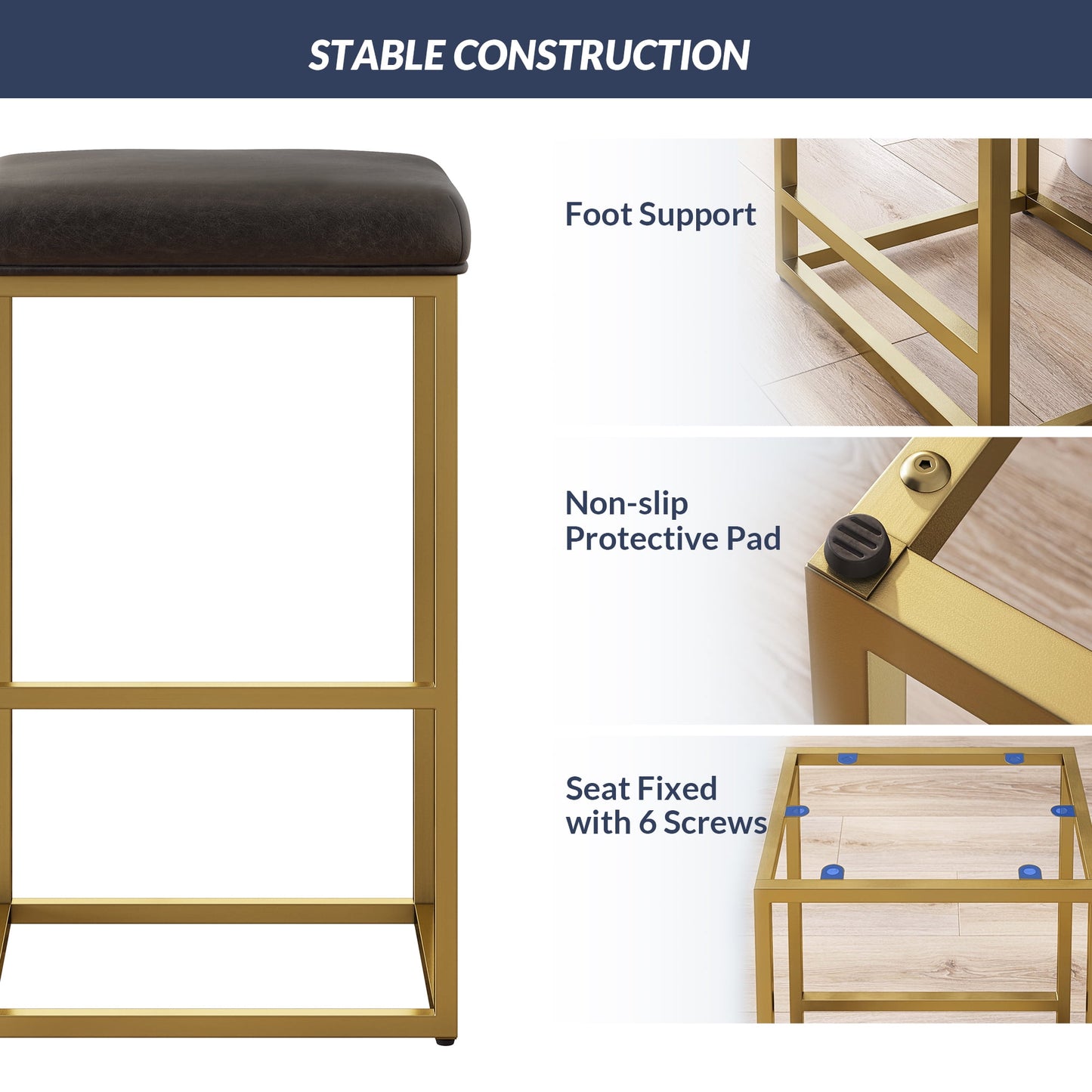 BELLEZE 30in Bar Height Bar Stools Set of 2, PU Leather Backless Barstools, Modern Upholstered Kitchen Stools with Metal Base Kitchen Island Chairs for Bar Pub Bistro, Grey & Gold