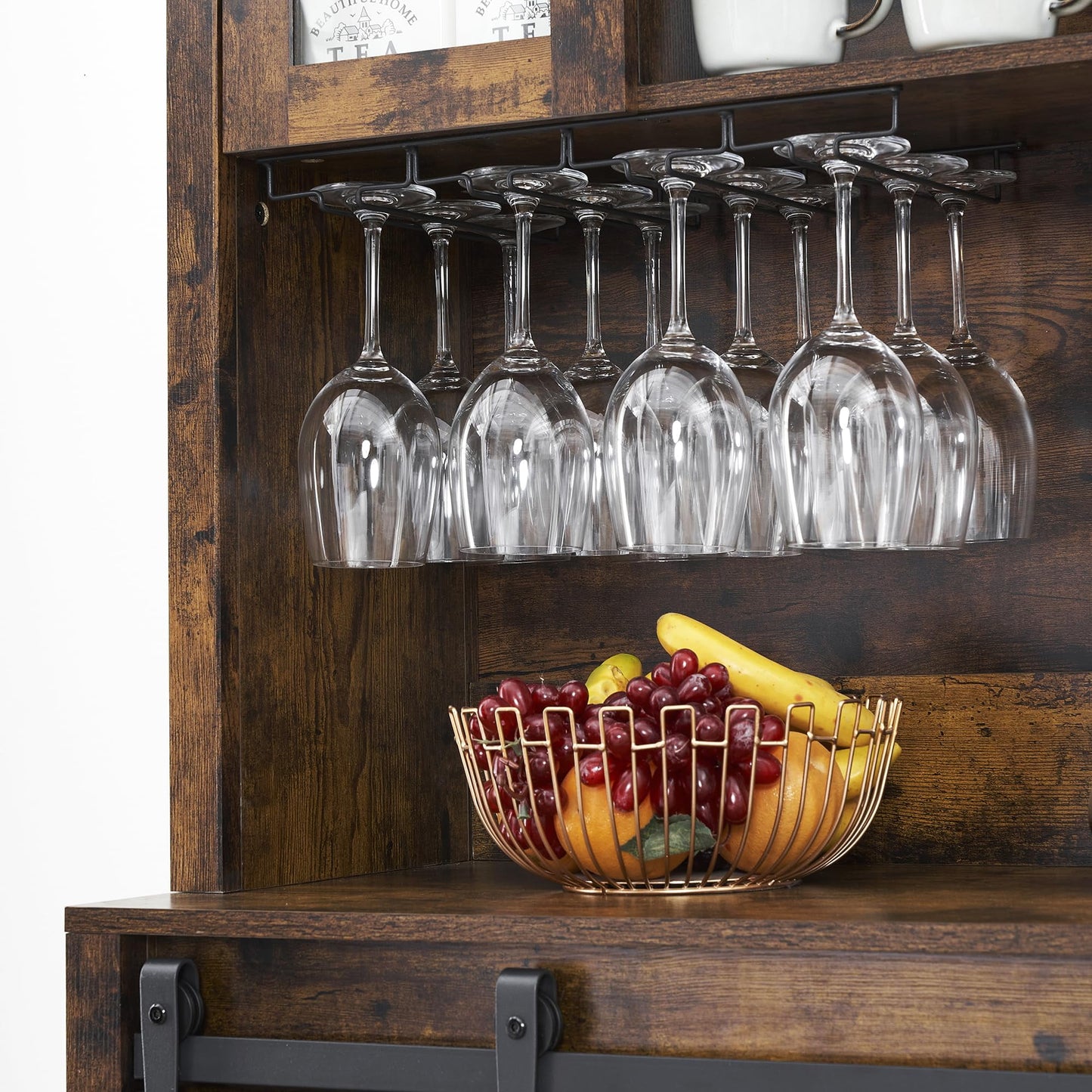 2024 New Farmhouse Coffee Bar Cabinet with Sliding Barn Door, 72in Tall Buffet Cabinet with Storage Shelves, Liquor Cabinet with Wine and Glasses Rack,Sideboard Cupboard for Kitchen,Dining Room