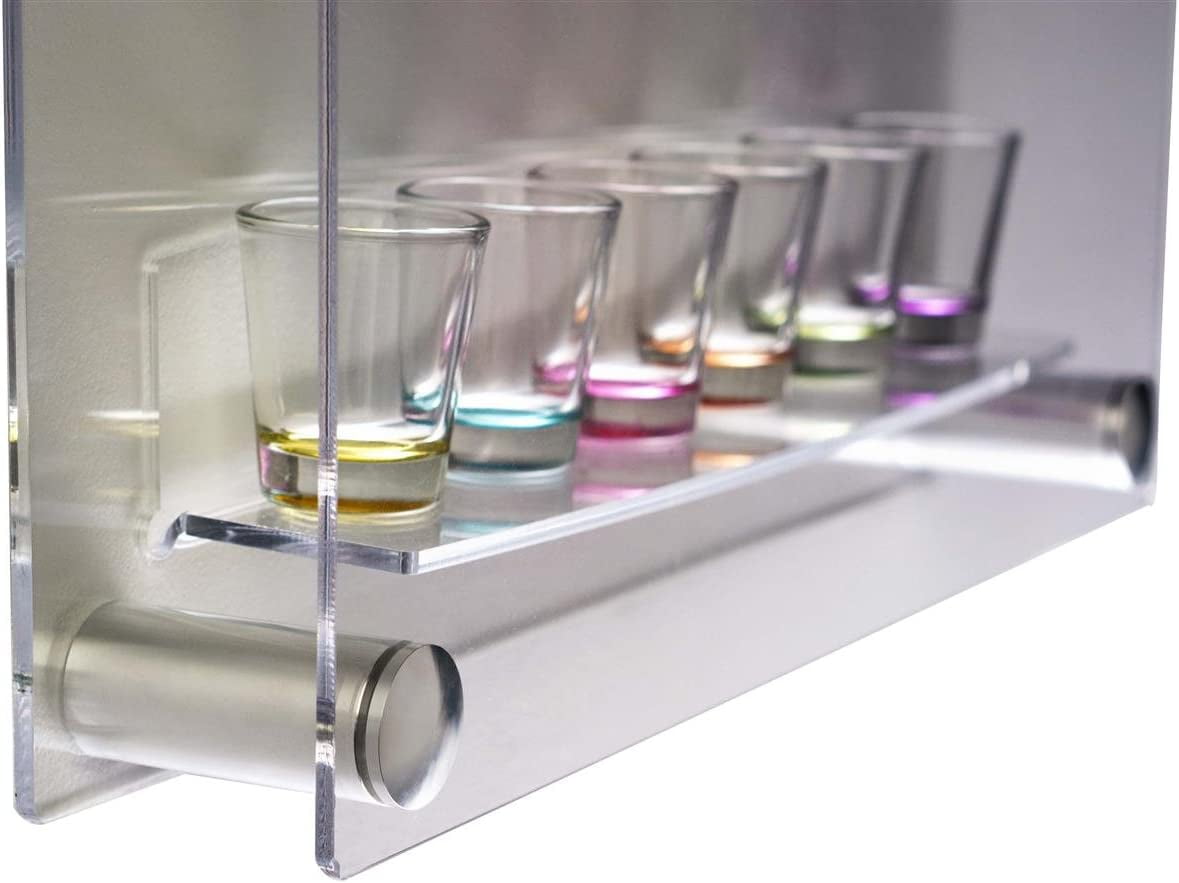 24 Shot Glass Display Case Holder, Side Loading, Transparent Acrylic with 4 Shelves, Includes Silver Standoffs for Wall Mounting (SMLCLDIS)