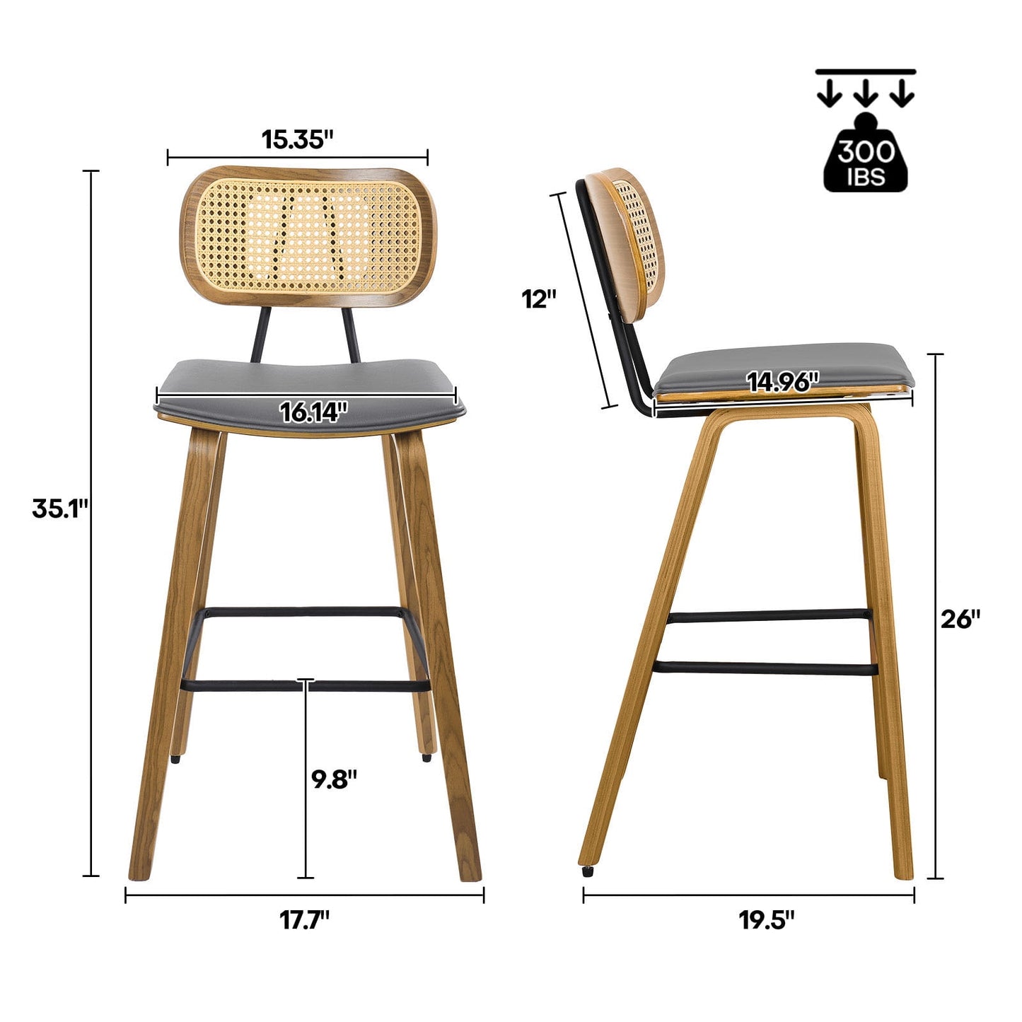 26in Counter Height Bar Stools with Rattan Back Set of 1, Mid Century Modern Wooden Stool PU Leather Upholstered Bar Chair for Kitchen Island Dining Room