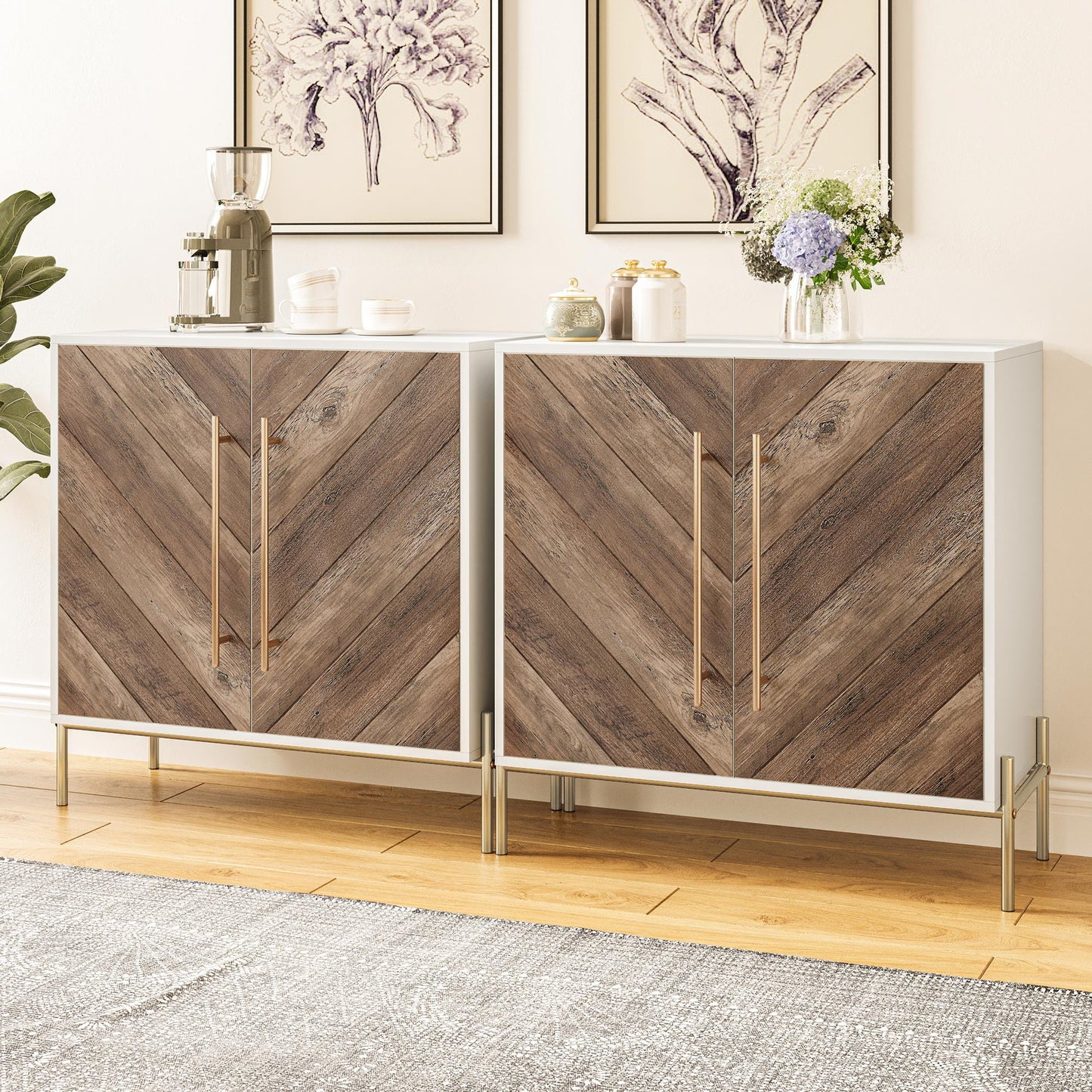 BELLEZE Accent Chest, Sideboard Buffet Cabinet with Doors & Shelves, Kitchen Storage Cabinet, Modern Accent Cabinet for Entryway, Living Room, or Bedroom, Storage Credenza - Harper (Rustic Oak)