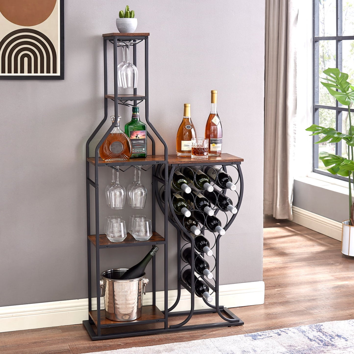 Elegant 5-Tier Freestanding Wine Bakers Rack with Hanging Wine Glass Holder - 11 Bottle Capacity Storage Shelves for Liquor and Wine in Kitchen or Dining Room - Stylish Wine Storage Home
