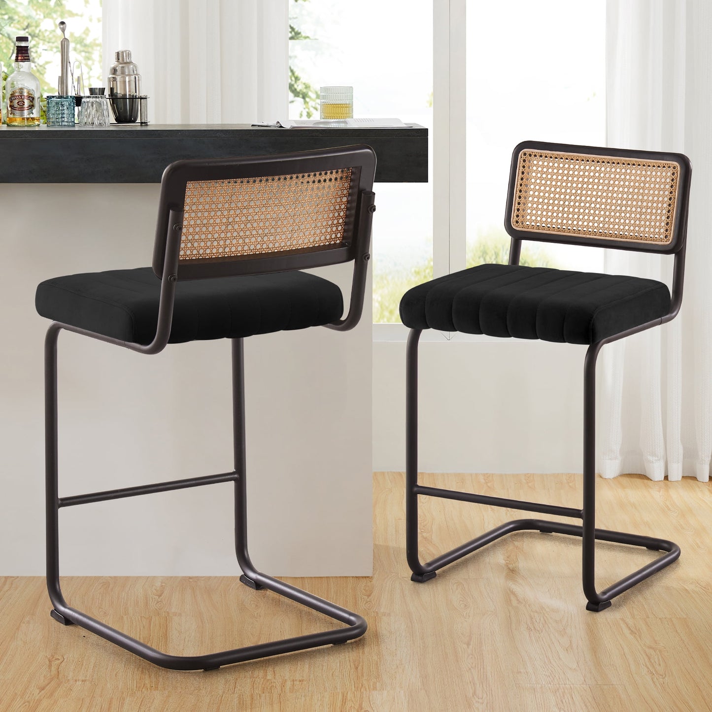 26in Rattan Bar Stools, Set of 2, Rattan Counter Height Velvet Armless Bar Stools with Cane Back for Home Office Kitchen Island