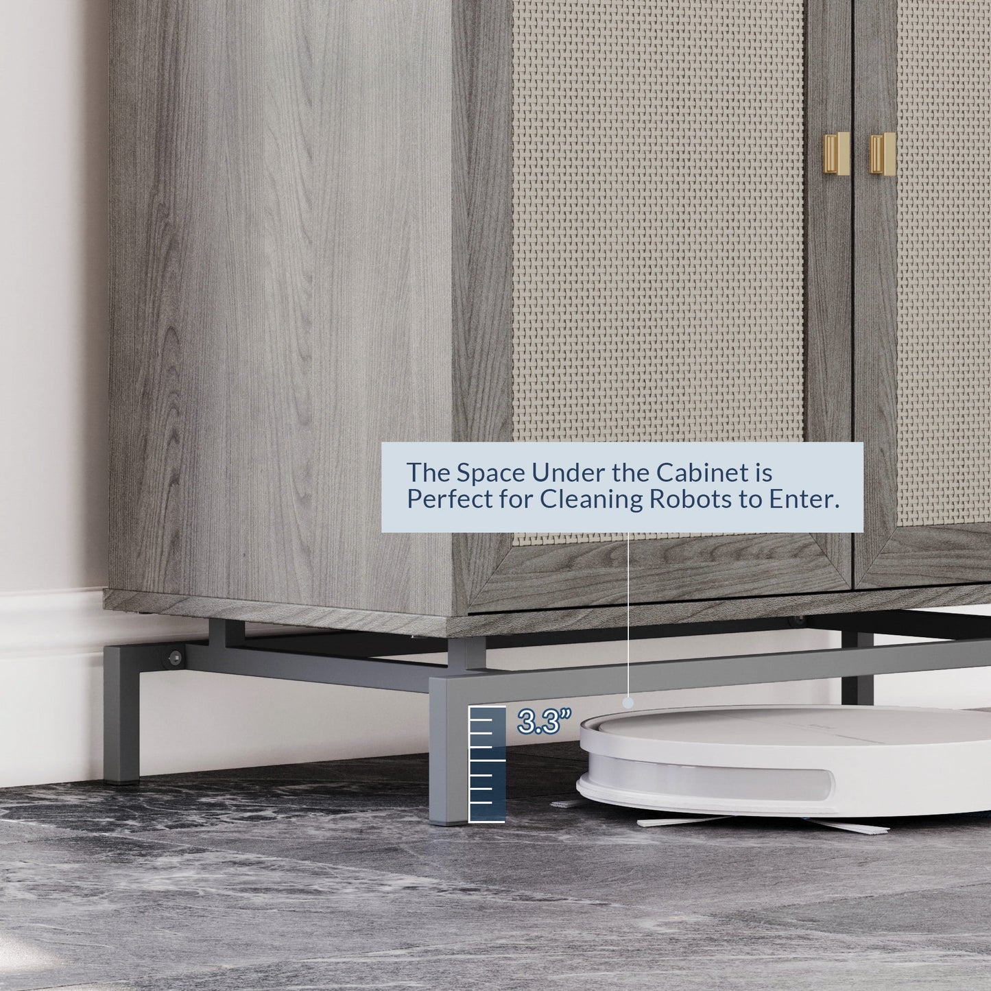 BELLEZE Sideboard Buffet Cabinet with Rattan Decorated Doors, Storage Cabinet with Metal Base and Adjustable Shelves, Credenza for Bedroom, Hallway, Living Room, Office - Liam(Gray)