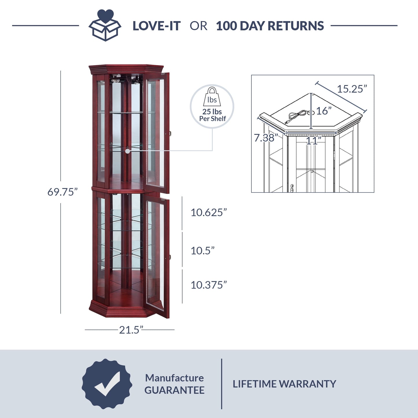 BELLEZE Lorona Floor Standing 5 Sided Lighted Corner Curio Cabinet, Cherry