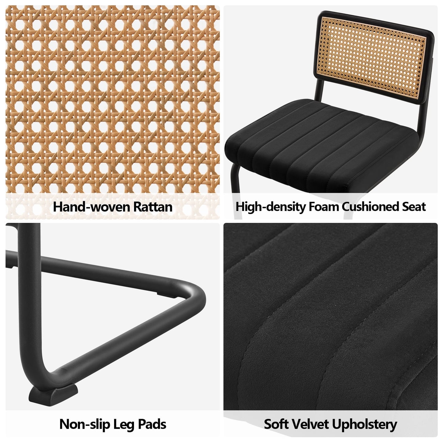 26in Rattan Bar Stools, Set of 2, Rattan Counter Height Velvet Armless Bar Stools with Cane Back for Home Office Kitchen Island