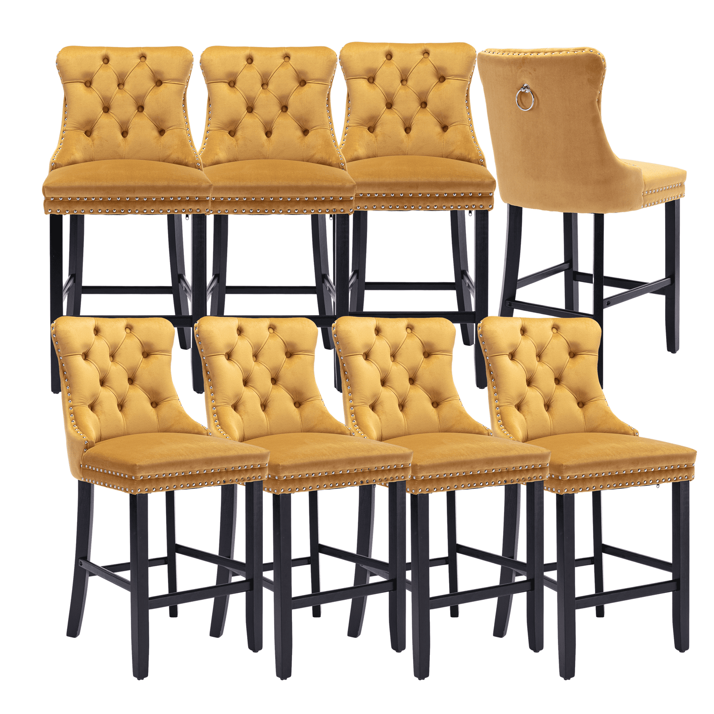 27in Contemporary Padded Bar Stools, Tufted Velvet Upholstered Barstools with Button Tufted Decoration, Chrome Nailhead Trim, Footrest and Solid Wood Legs (Gold,Set of 8)