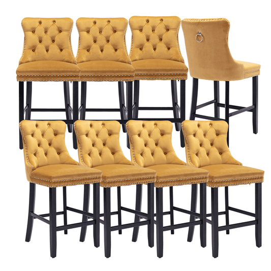 27in Contemporary Padded Bar Stools, Tufted Velvet Upholstered Barstools with Button Tufted Decoration, Chrome Nailhead Trim, Footrest and Solid Wood Legs (Gold,Set of 8)
