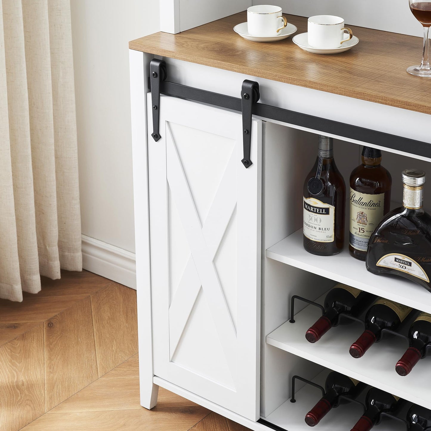 2024 New Farmhouse Coffee Bar Cabinet with Sliding Barn Door, 72in Tall Buffet Cabinet with Storage Shelves, Liquor Cabinet with Wine and Glasses Rack,Sideboard Cupboard for Kitchen,Dining Room