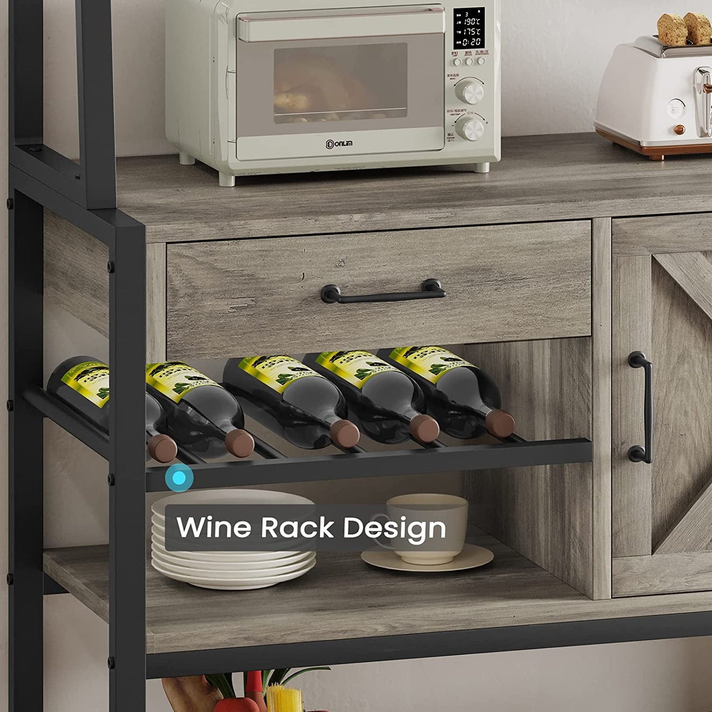 Farmhouse Baker's Rack, Storage Drawer, Wine Cupboard and Coffee Bar Cabinet, Rustic Gray