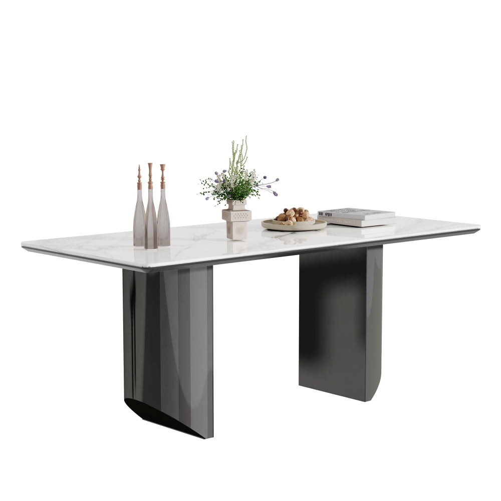 0.47in Thick Sintered Stone Composite Tempered Glass Top Dining Table with Stainless Steel Base